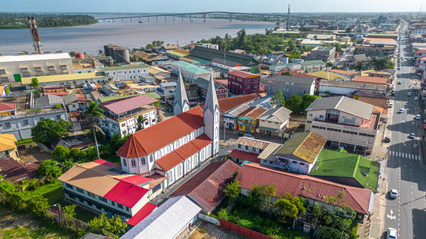 Aerial view of Paramaribo with the cathedral and the bridge over the Suriname River